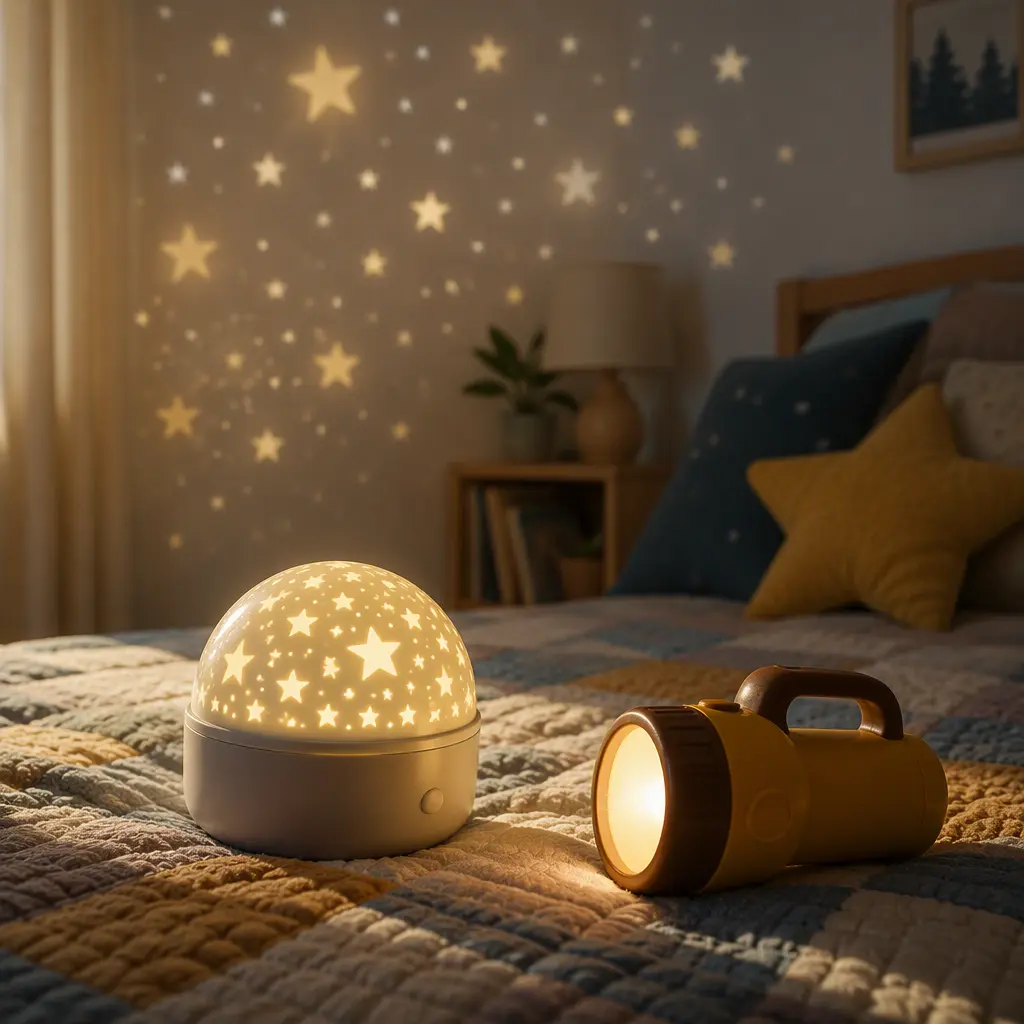 Toy projector and toddler flashlight arranged for bedtime story play in a cozy bedroom