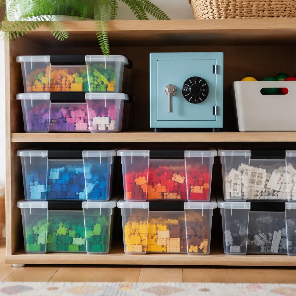 Clear lockboxes and a toy safe storing small building toy pieces