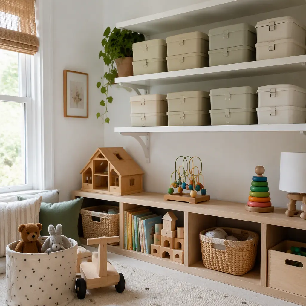 Stackable lockboxes stored safely above toddler play areas