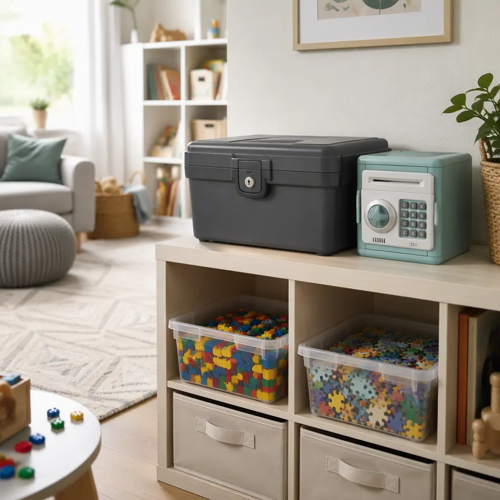 Toy safe and lockbox used to store small toy pieces in a shared playroom
