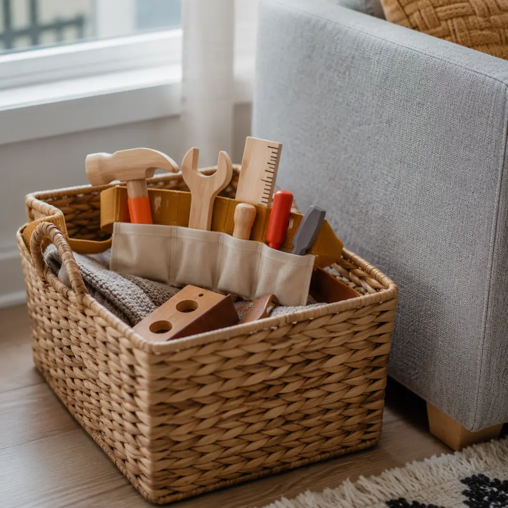 Portable toy tool belt stored in a basket in a small home