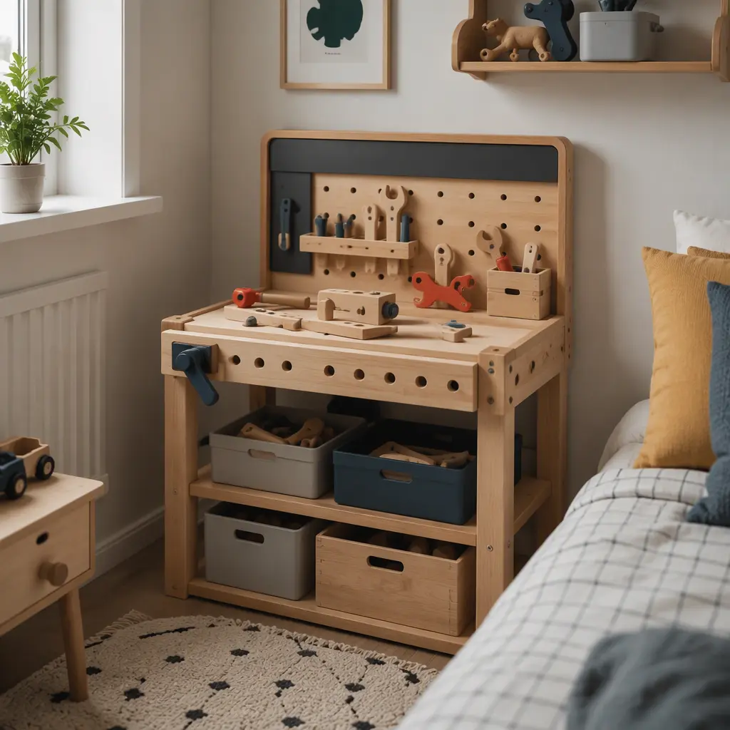 Compact toy workbench organized in a small bedroom