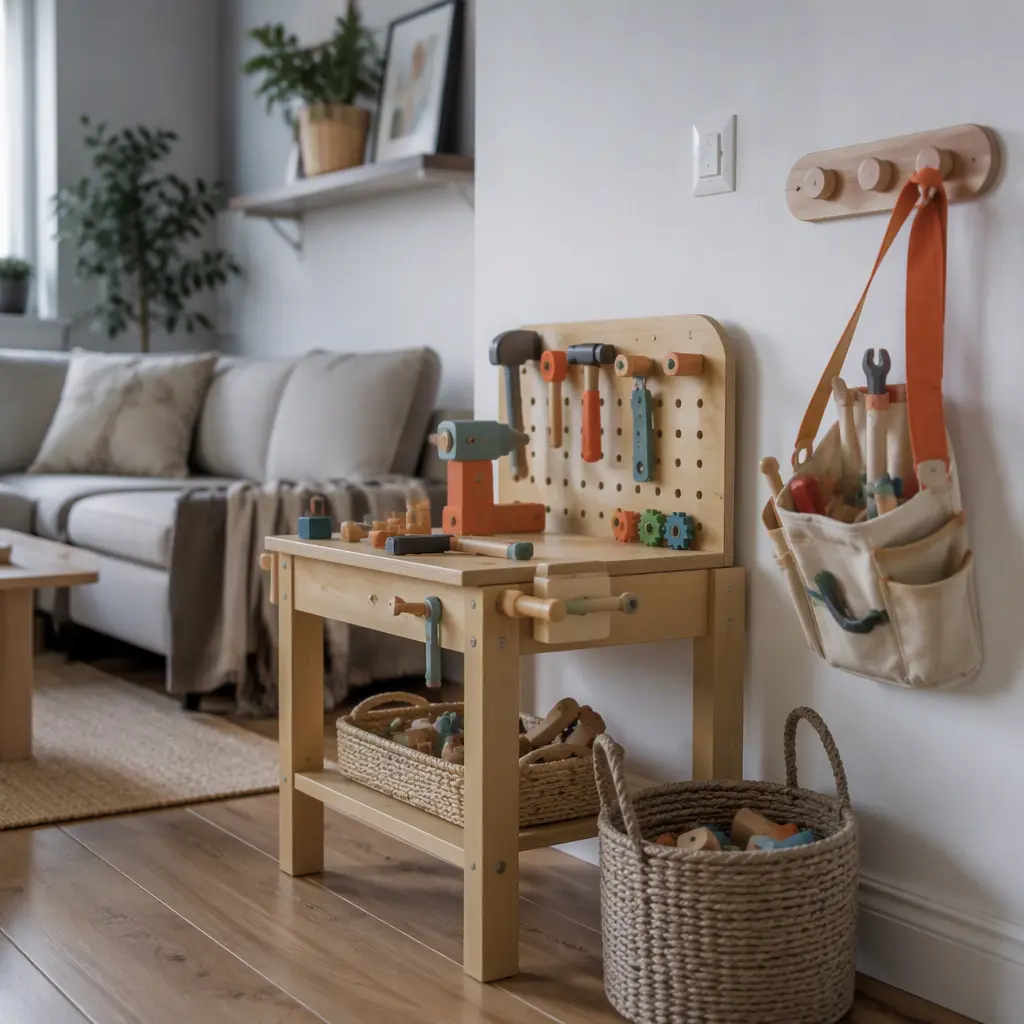 Toy workbench and toy tool belt in a small organized living space