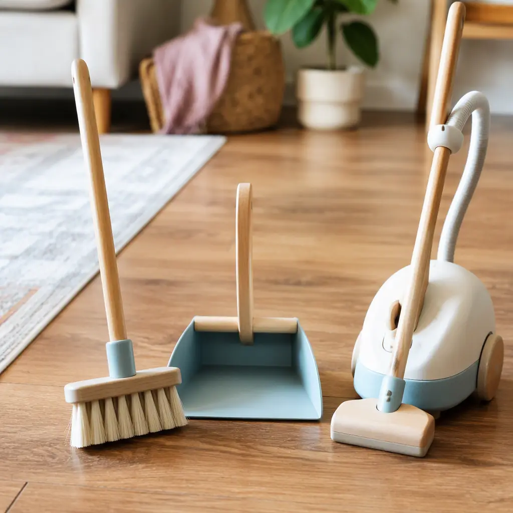 Toddler cleaning toys arranged on a hardwood floor