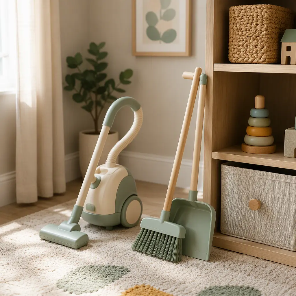 Toddler broom set and toy vacuum in a playroom