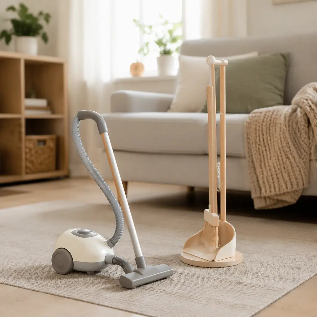 Toy vacuum and toddler broom set in a bright living room