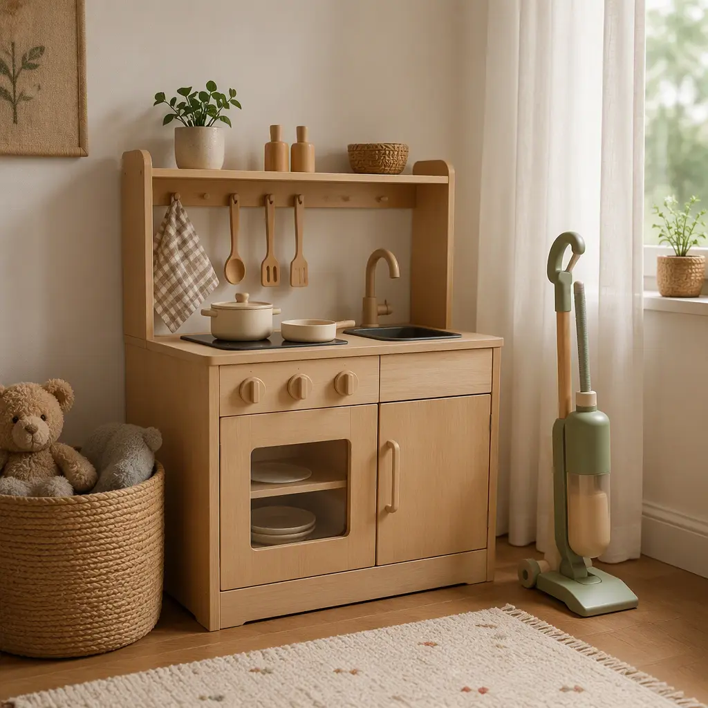 Compact play kitchen and toy vacuum in a nursery play space