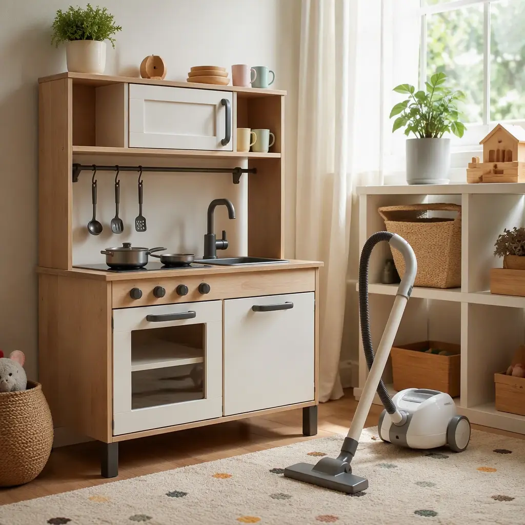 Toddler play area with a play kitchen and toy vacuum in soft natural light