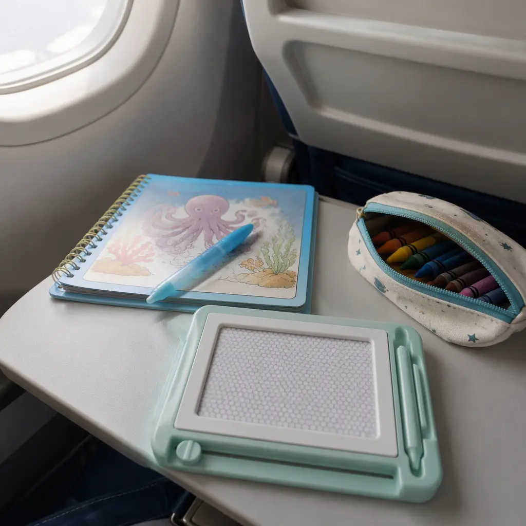 Reusable travel art activities arranged on an airplane tray table