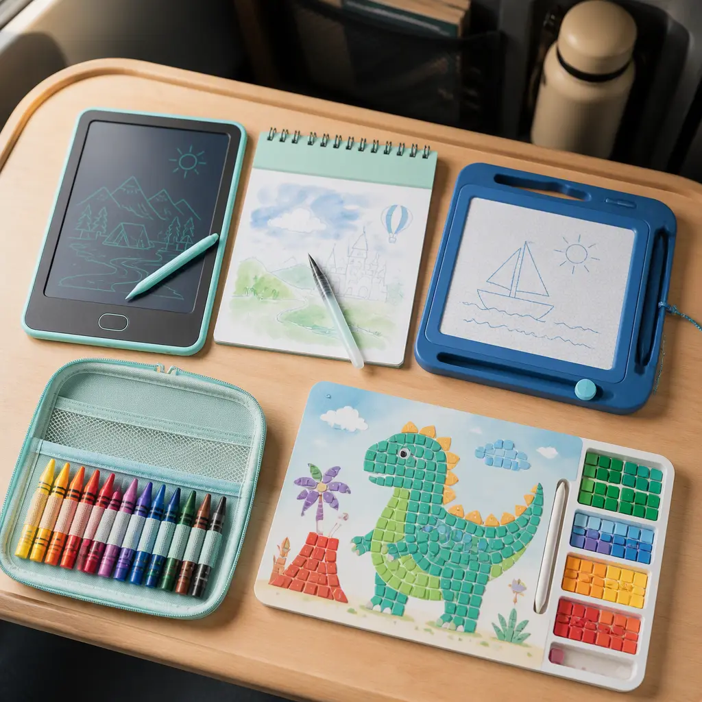 Reusable travel art kits arranged on a tray table for kids travel entertainment