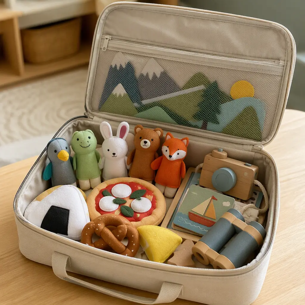 Pretend play travel toys organized inside a compact tote bag