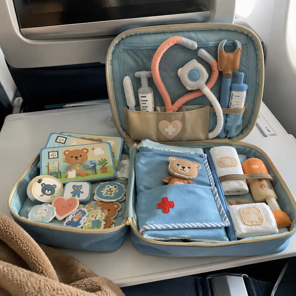 Compact pretend play kit organized for quiet travel play