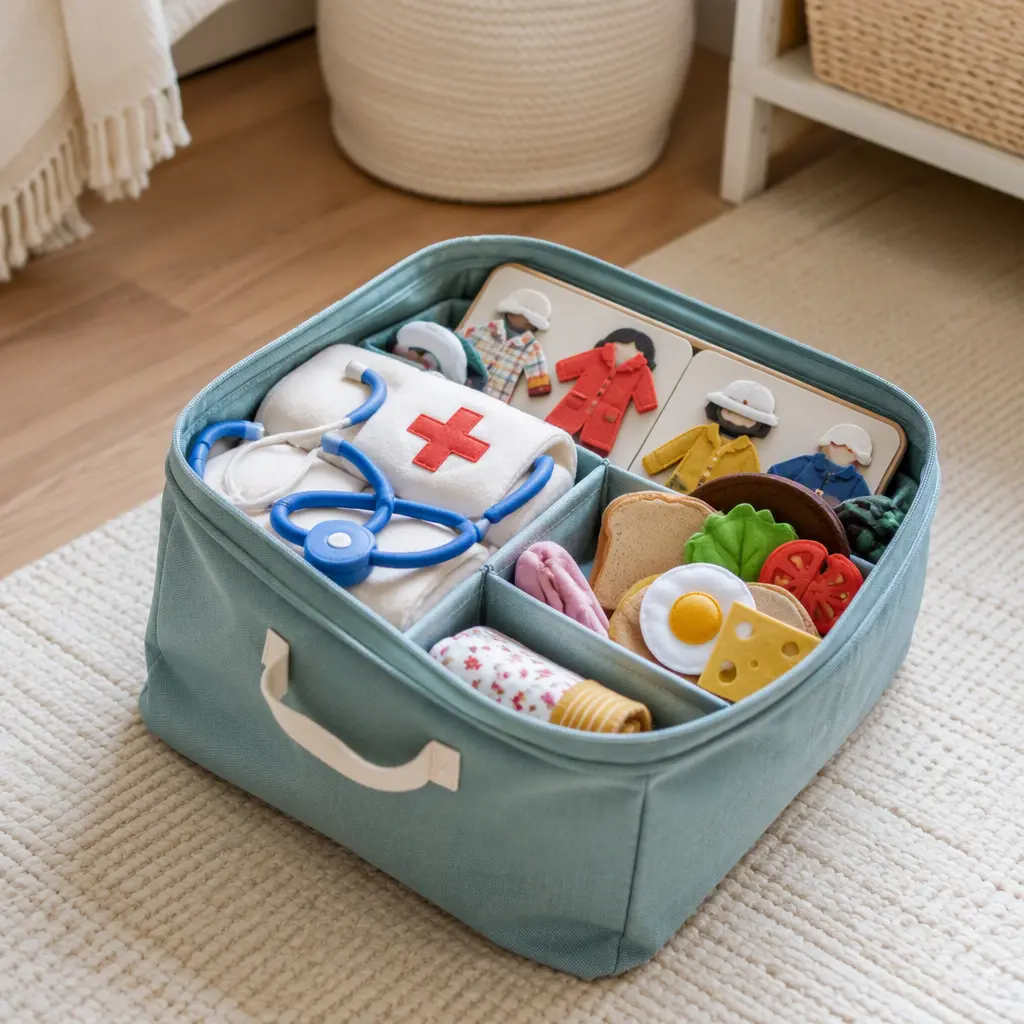 Compact pretend play toys packed into a single travel bag in a bright living room
