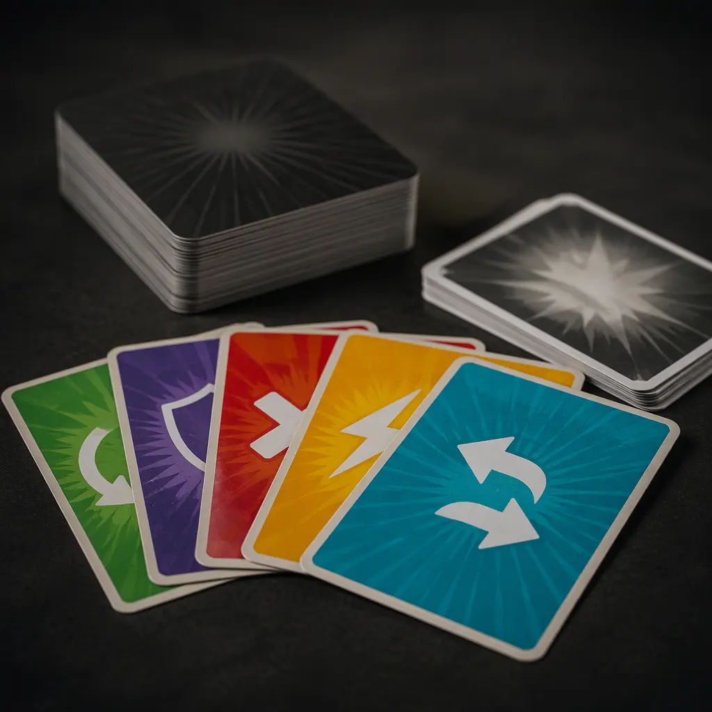 Close-up view of colorful action cards and a large draw stack