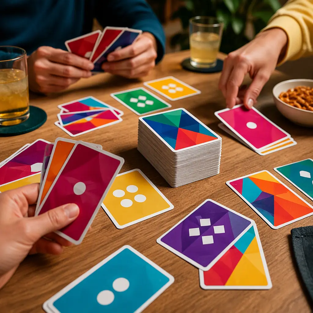 A fast-paced modern card game setup with stacked penalty cards on a table