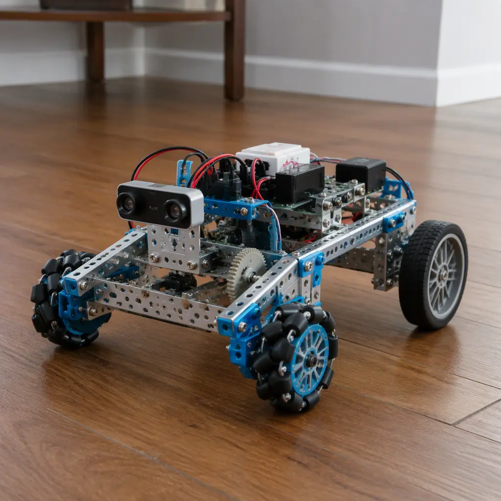 Small educational robot assembled from modular construction parts