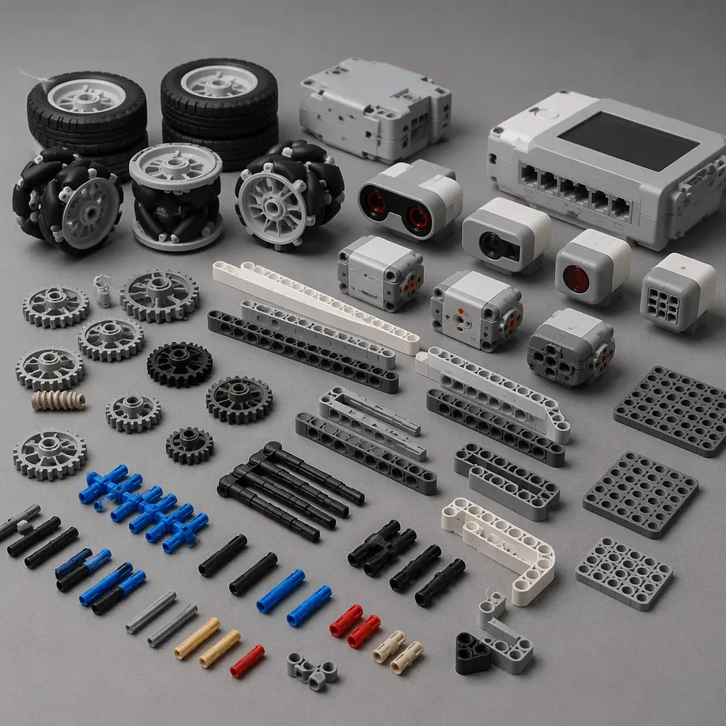 Educational robotics parts including gears, wheels, and sensors