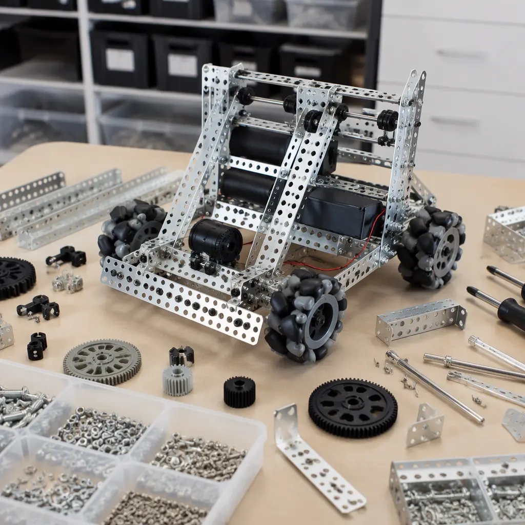 Educational robotics building kit with metal parts and wheels on a workbench