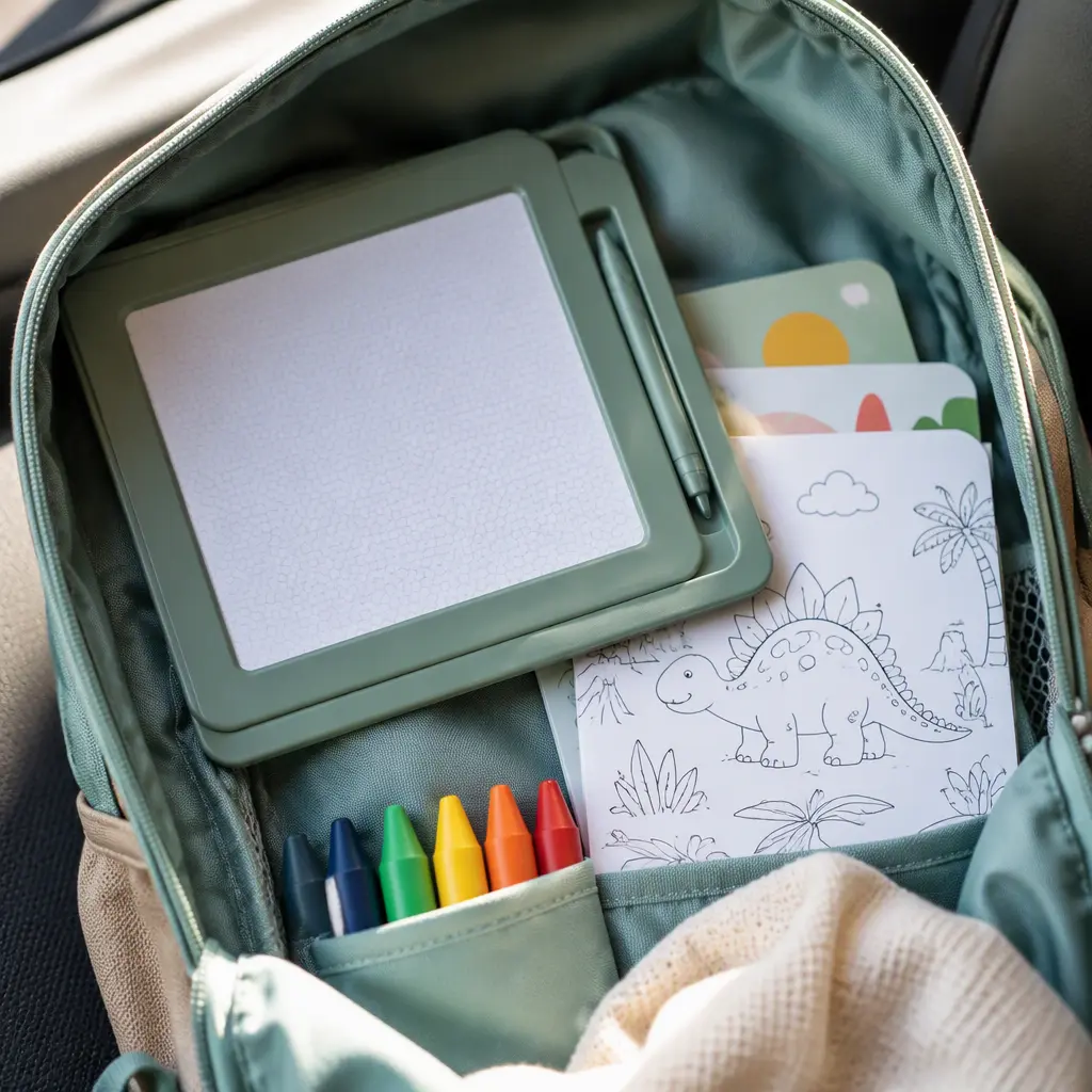 Travel art supplies including a reusable drawing board and coloring books