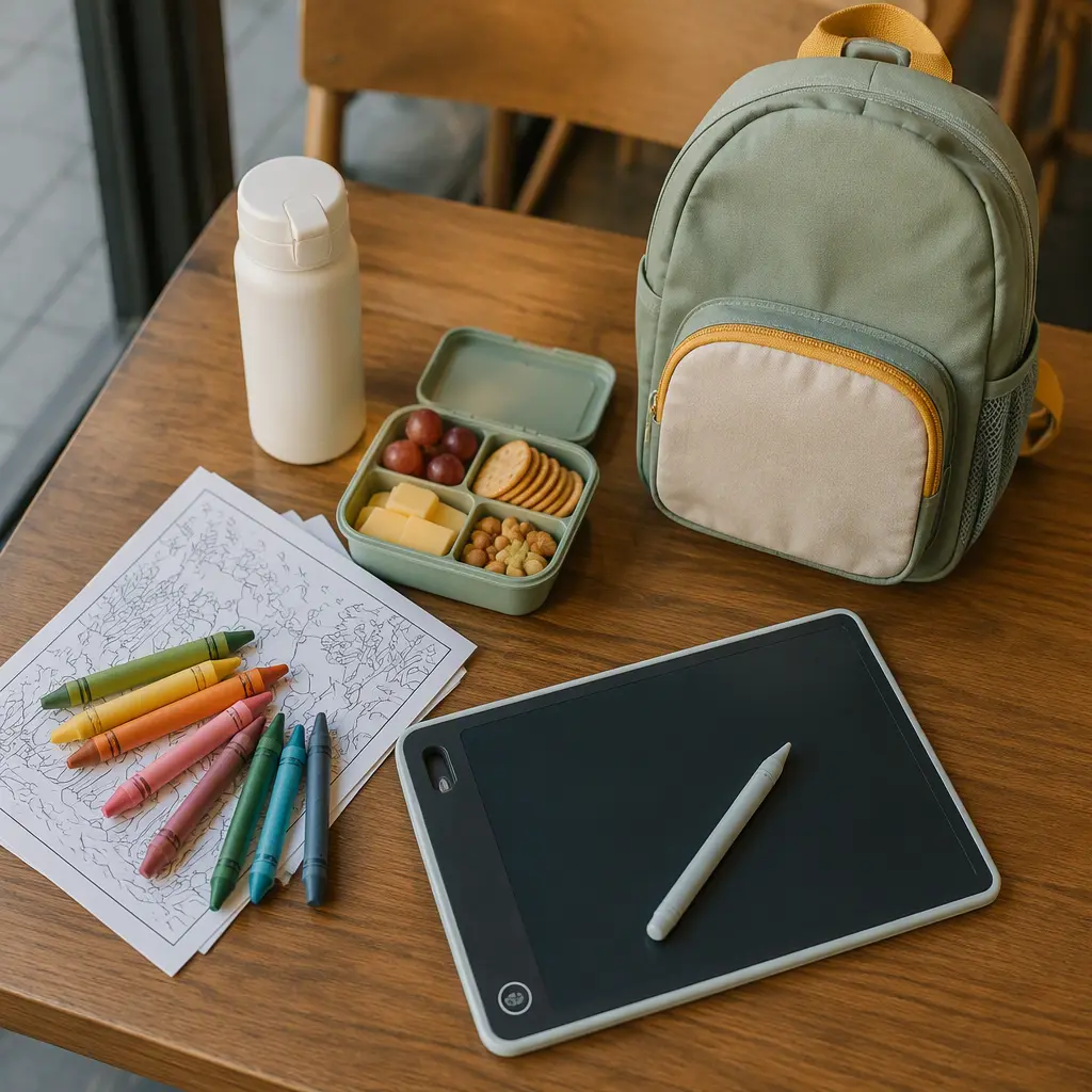 Compact preschool travel activities arranged neatly for outings