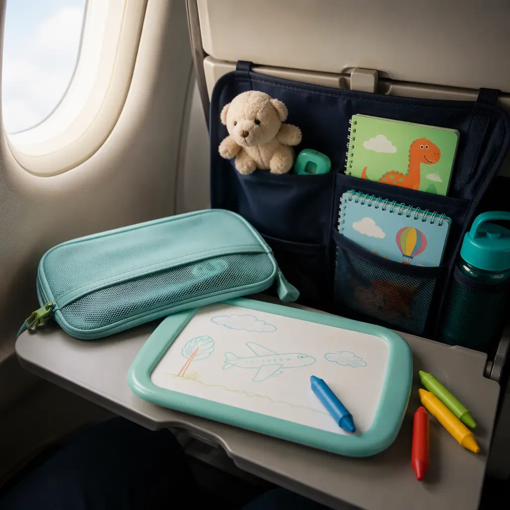 Reusable drawing board and coloring supplies packed for preschool travel play