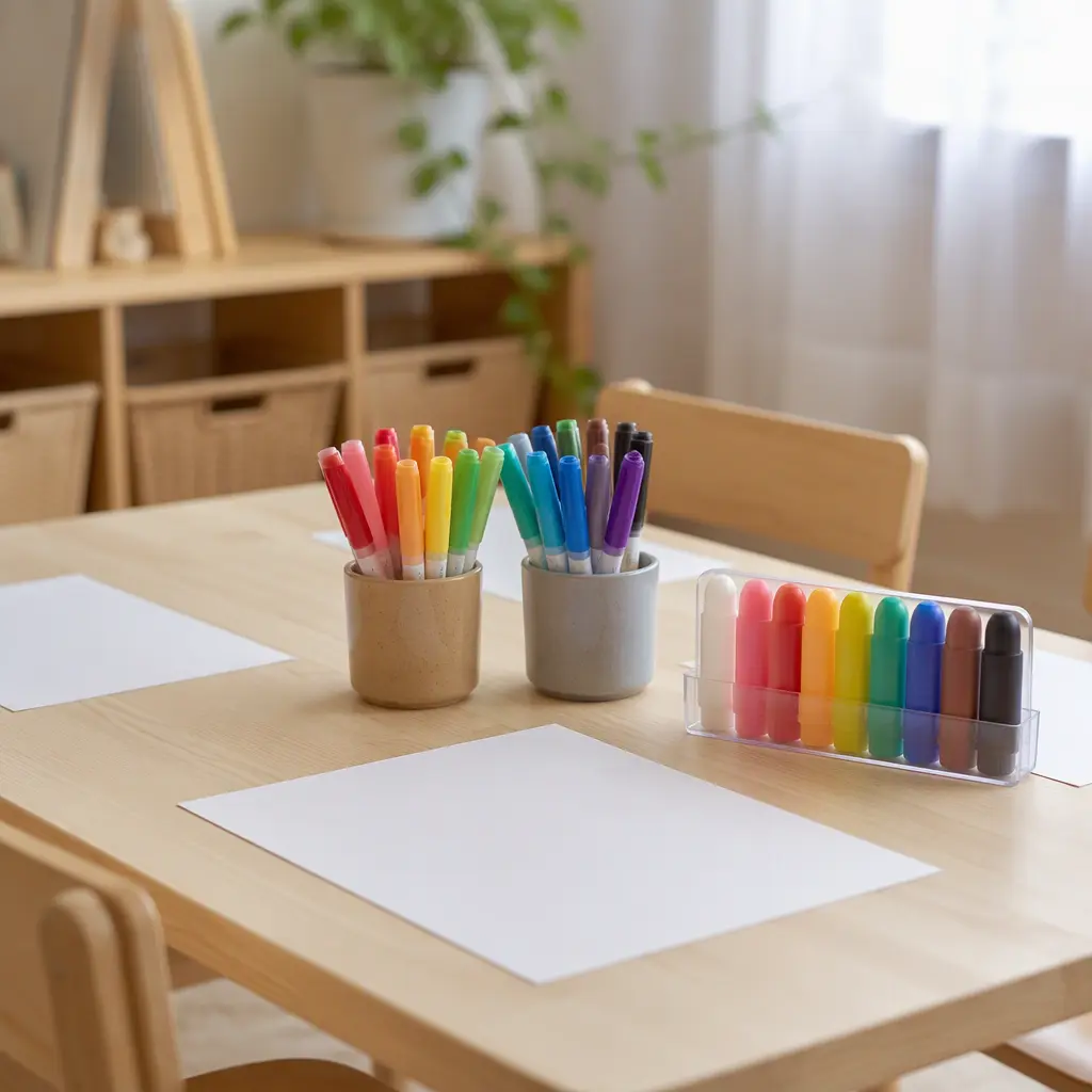 Markers and paint sticks on a preschool art table