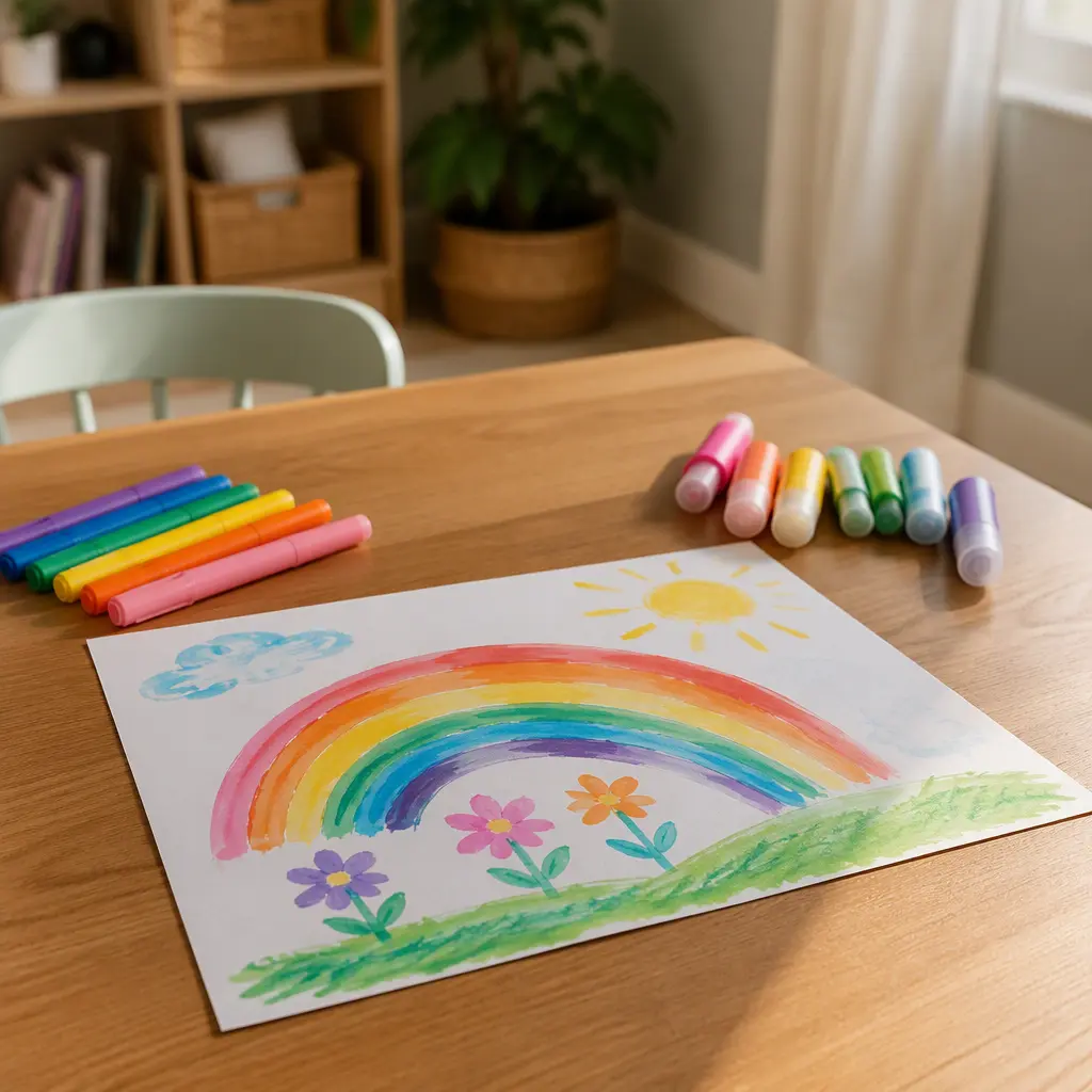 Children's artwork drying beside art supplies