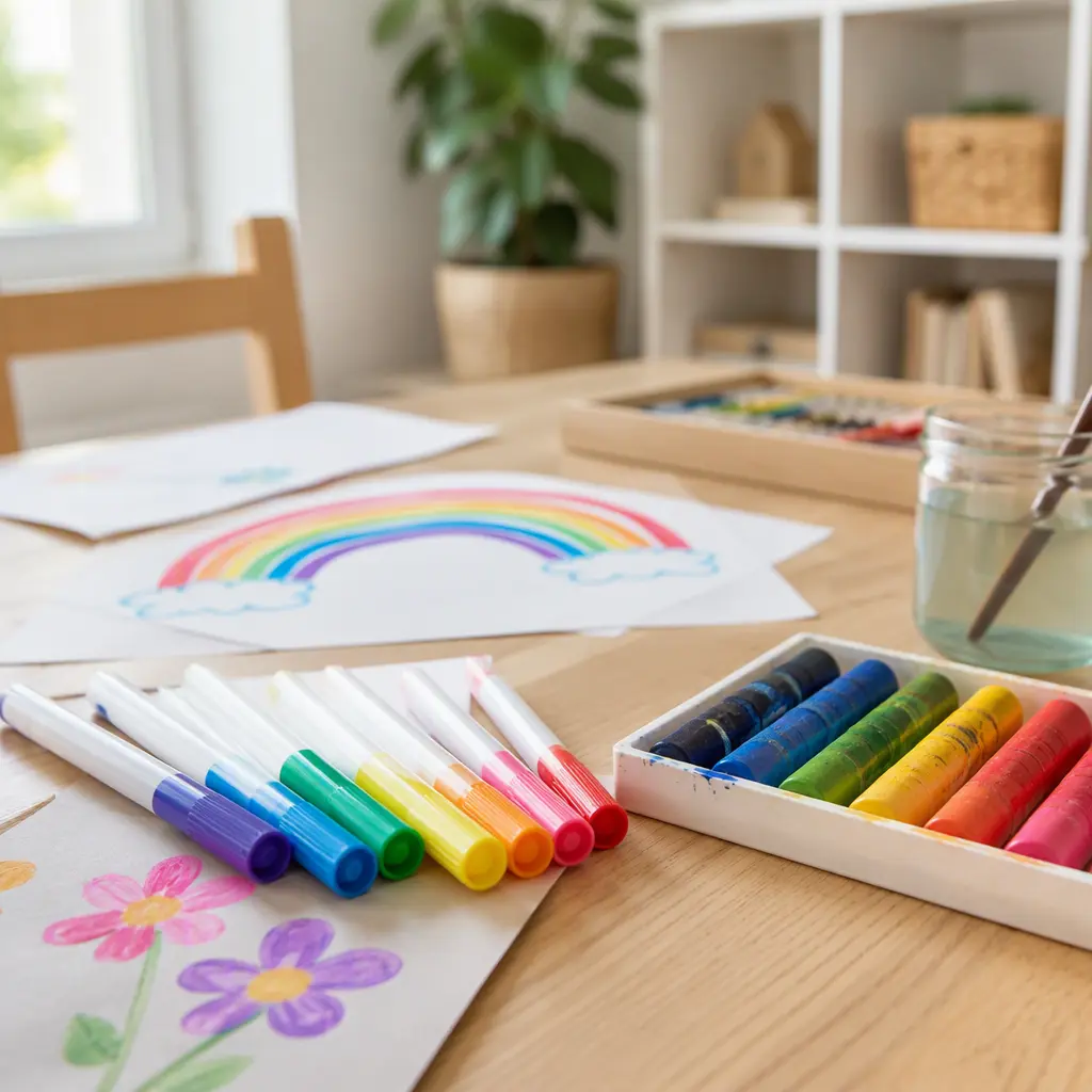 Washable markers and paint sticks arranged on a table with children's paper artwork
