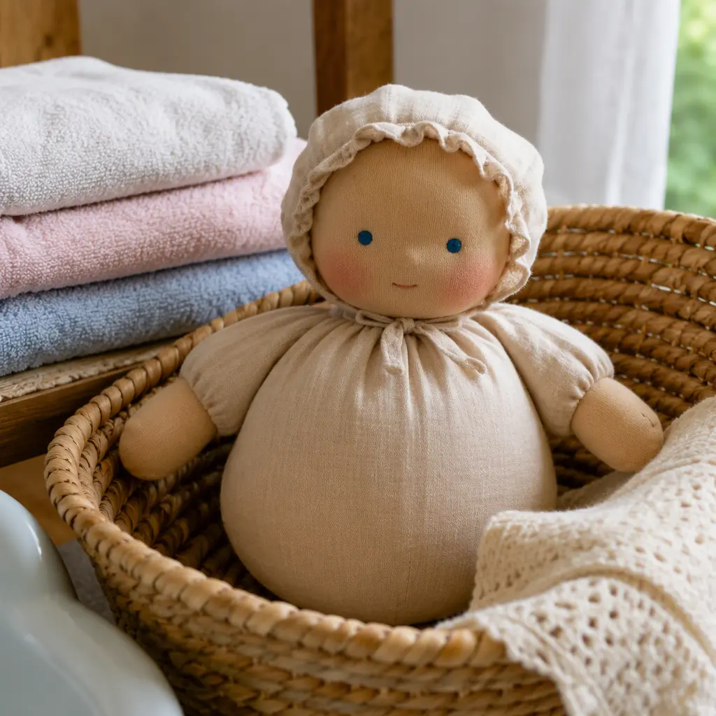 Vintage-style water-filled baby doll sitting in a basket with folded towels