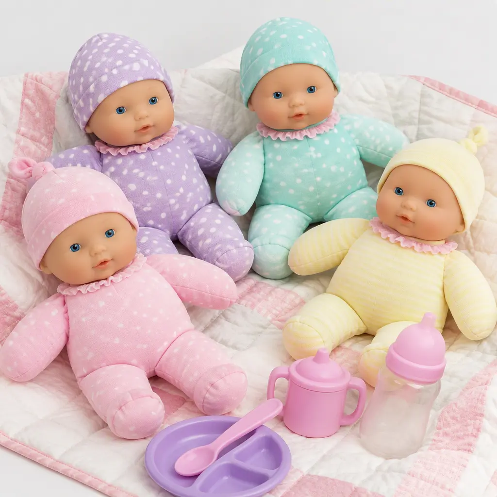Group of soft water-filled baby dolls arranged with toy nursery accessories