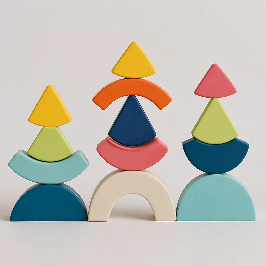 Geometric stacking toy pieces arranged into balanced towers in a studio setting