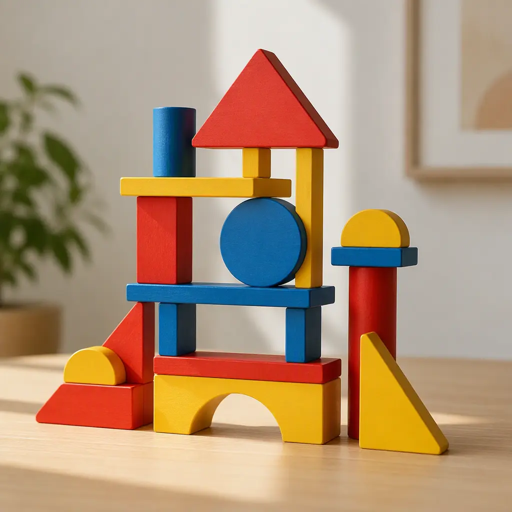 Abstract architectural structure built from colorful geometric stacking pieces