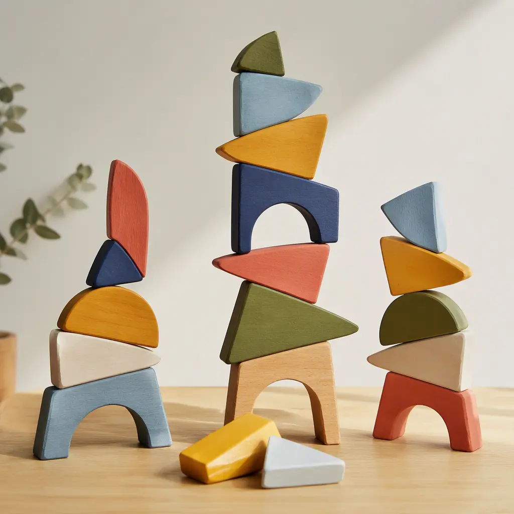 Colorful geometric stacking pieces balanced into tall towers on a wooden surface