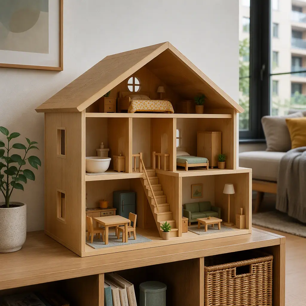 Compact wooden dollhouse with miniature furniture on a shelf