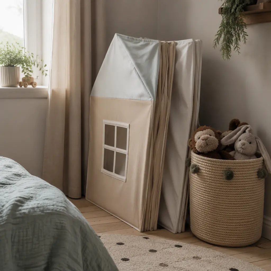 Fold-up fabric play house beside toy storage baskets