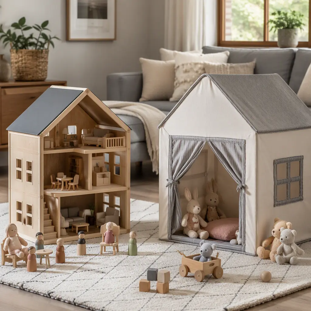 Wooden dollhouse and fold-up fabric play house in a small living room