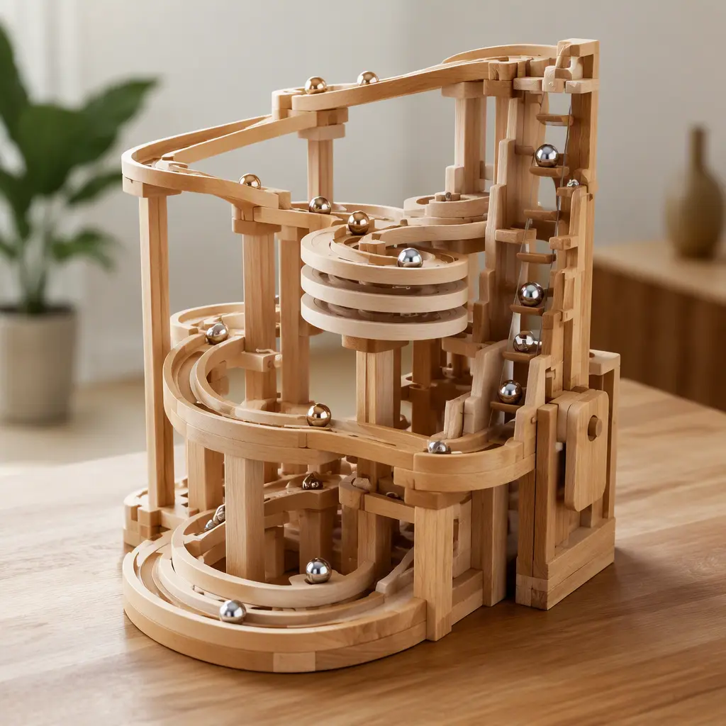 Detailed wooden marble run with layered tracks and marbles
