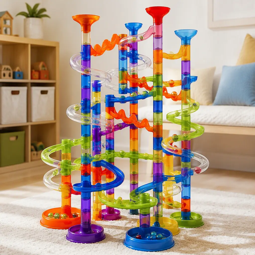 Large plastic marble run with towers and looping tracks