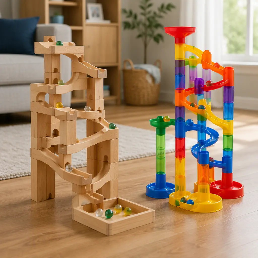 Wooden and plastic marble run sets side by side in a softly lit family room