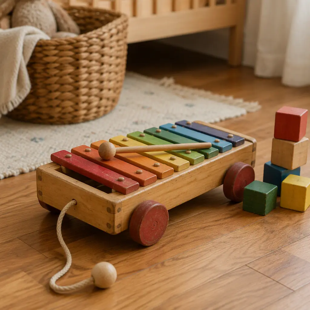 Wooden xylophone pull toy in a softly lit nursery setting