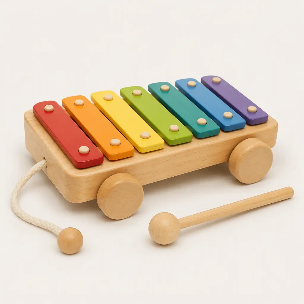 Modern wooden xylophone pull toy with colorful metal bars and rounded edges