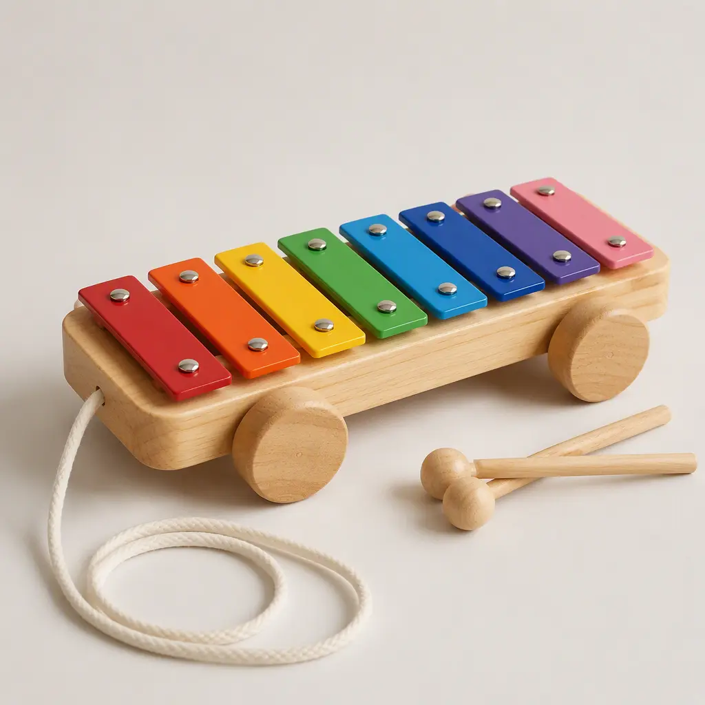 Classic wooden pull-along xylophone toy with colorful bars and wooden wheels