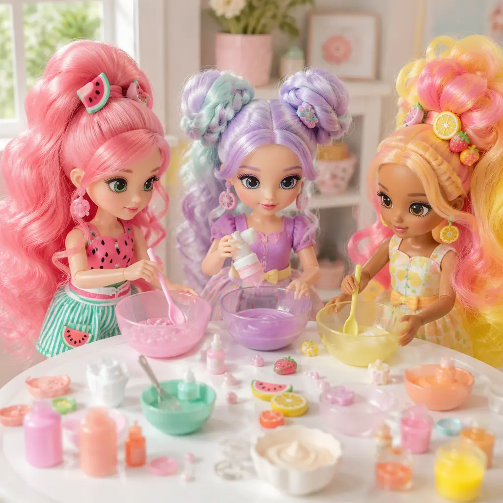 Candy-themed fashion dolls with cosmetic mixing accessories displayed on a pastel tabletop