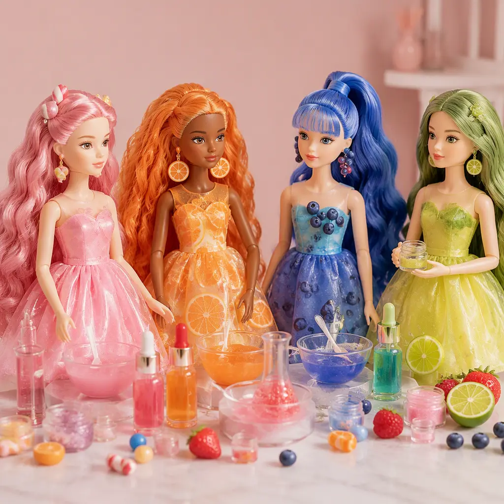 Colorful scented fashion dolls with miniature cosmetic mixing accessories arranged on a pastel studio background