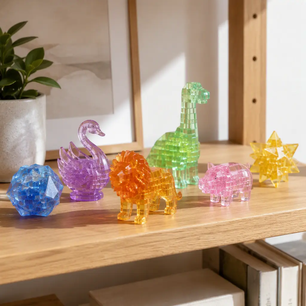 Several translucent 3D puzzles displayed together on a shelf in natural light.