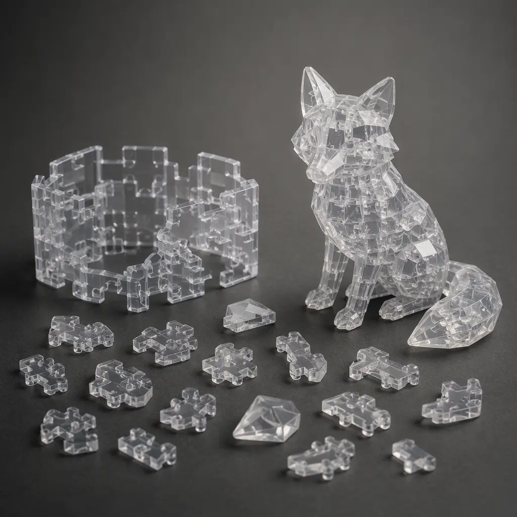 An assembled translucent animal puzzle beside loose puzzle pieces awaiting construction.