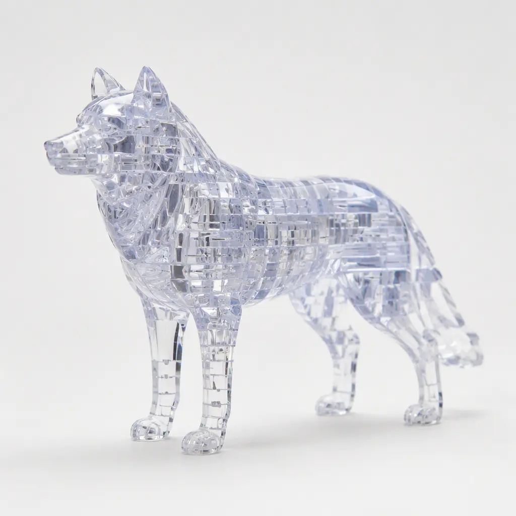 A translucent interlocking 3D puzzle displayed on a clean tabletop with light reflecting through the clear pieces.