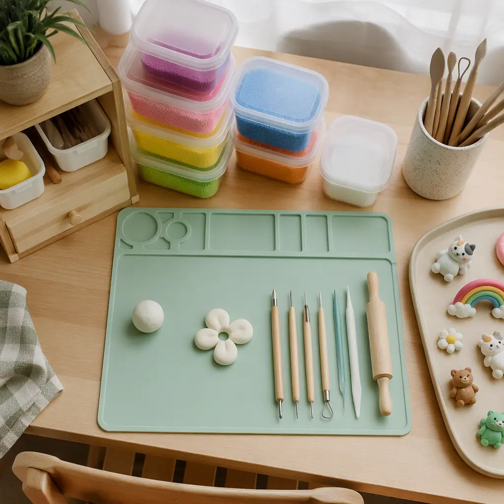 Organized craft area with clay tools and sealed modeling foam containers