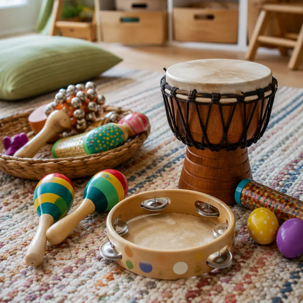 Toddler percussion instruments arranged in a bright playroom