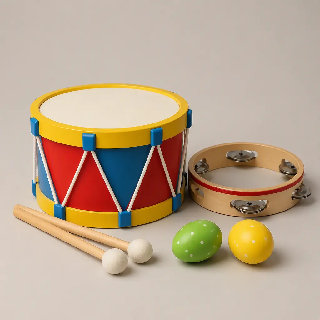 Beginner percussion toy set with drum and handheld rhythm instruments